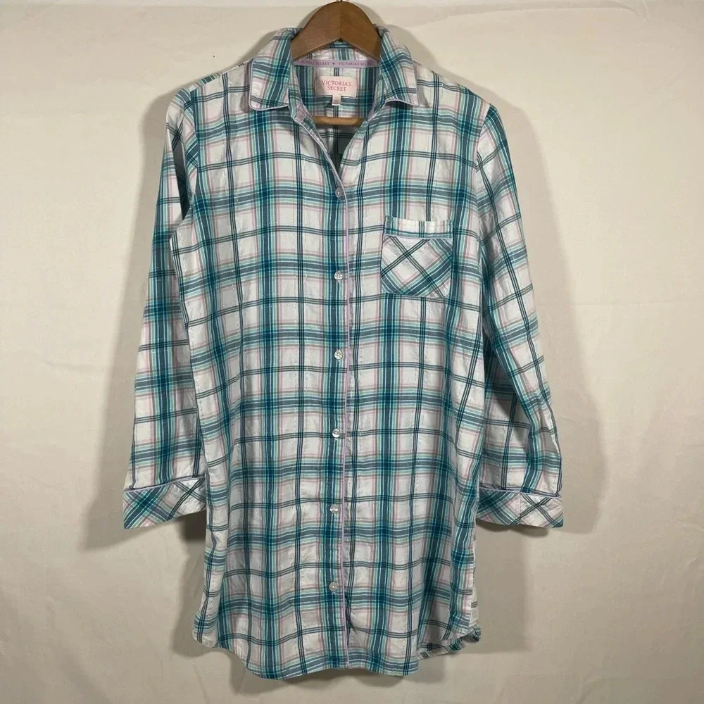 Victoria's Secret Night Shirt Flannel Blue Pink Plaid Button Front Small